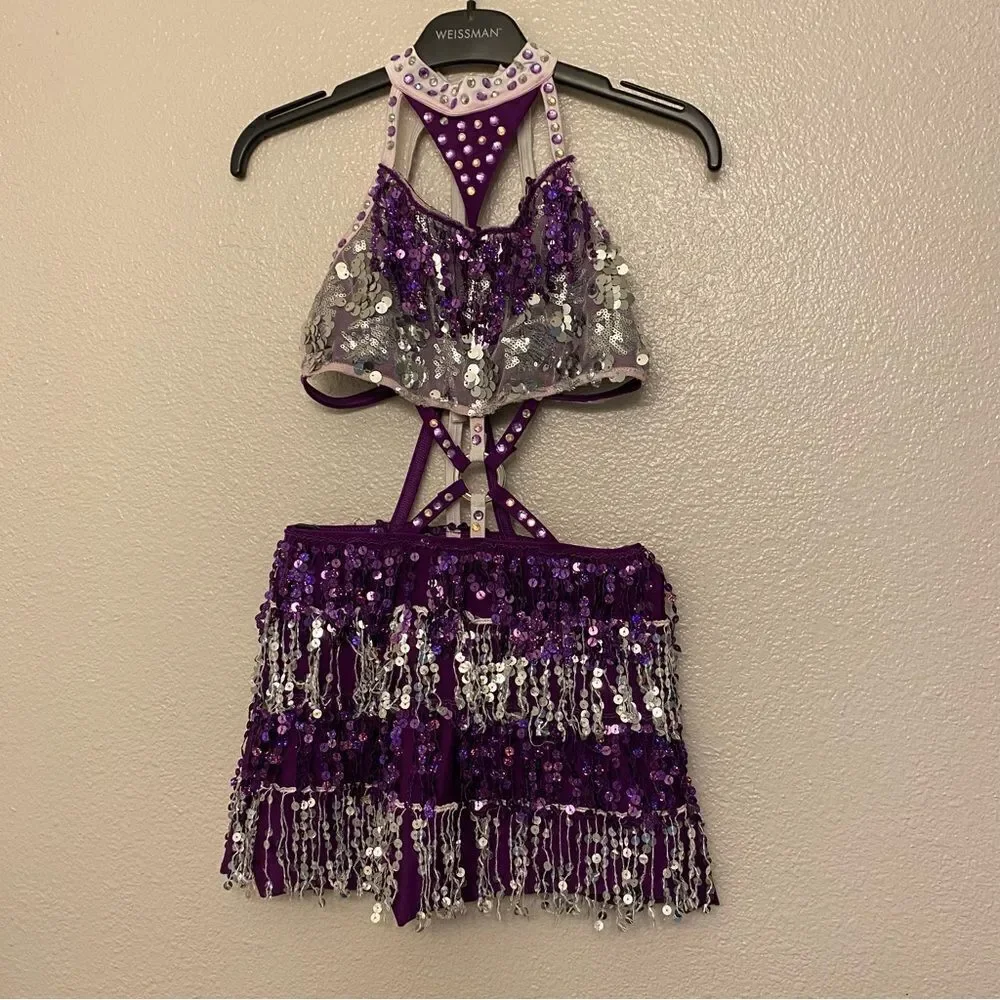 Glamour dance costume purple sequin gems rhinestone fringe embellished child M/L